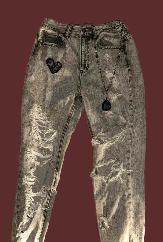 Acid Washed Lace Heart Jeans